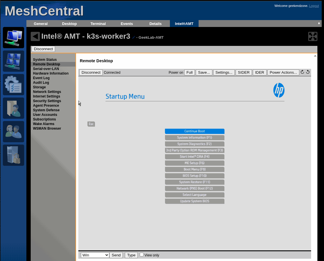 The HP Startup Menu shown inside a remote console session, listing ME Setup, BIOS Setup and Update System BIOS.