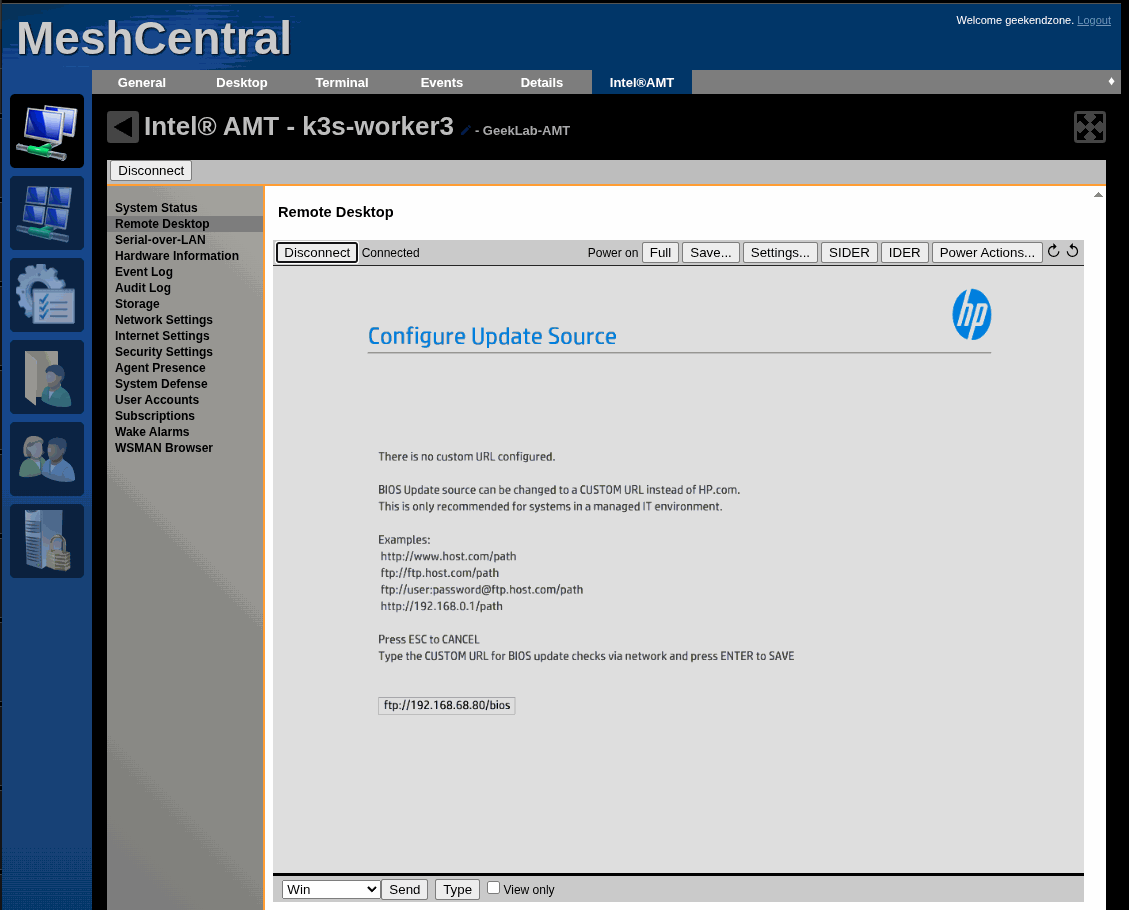 The Configure Update Source screen with an FTP URL pointing at a local server typed into it.