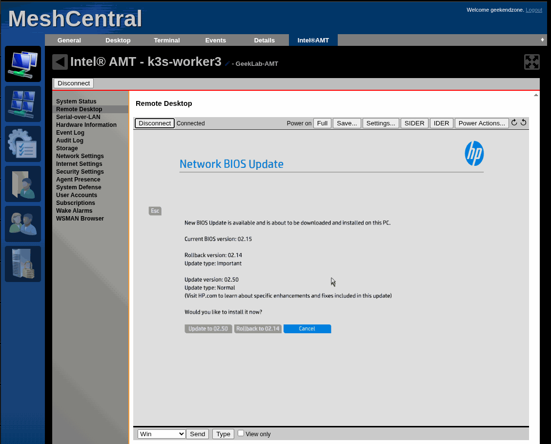 The HP Network BIOS Update screen offering an update from version 02.15 to 02.50.