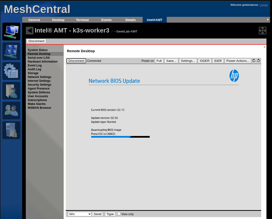 The HP Network BIOS Update screen downloading the BIOS image, with a progress bar.