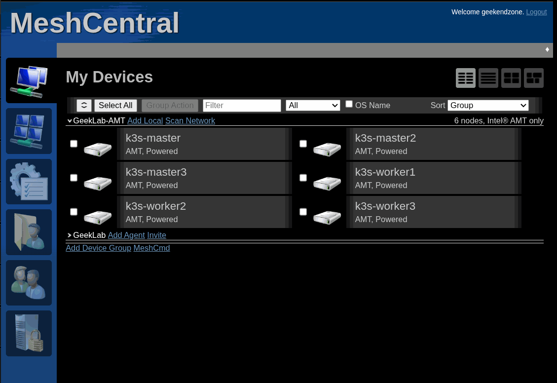 A device list showing a group of six nodes, each marked AMT and Powered.